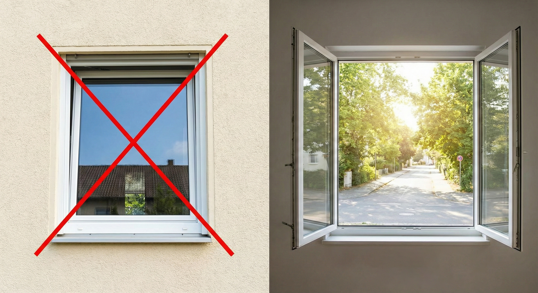 Ein geteiltes Bild, links ein gekipptes Fenster, das mit einem roten X durchgestrichen ist. Rechts ist ein vollständig geöffnetes Fenster