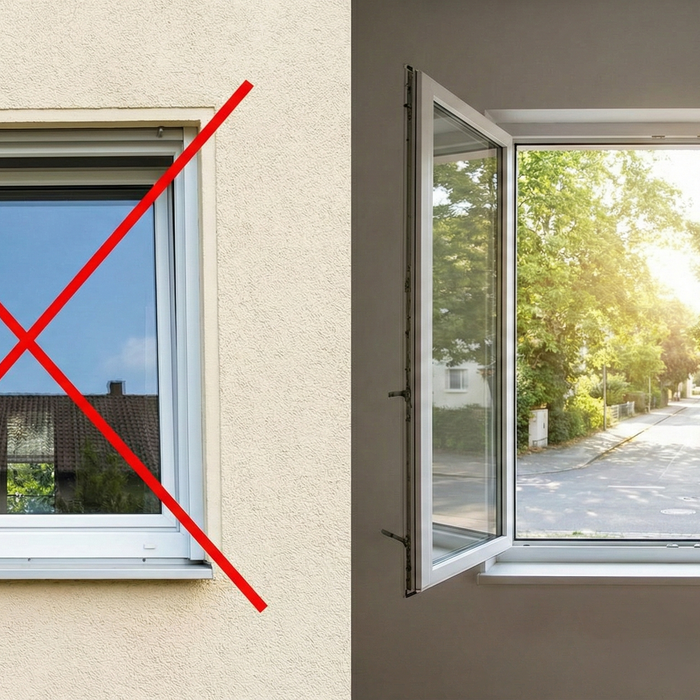 Ein geteiltes Bild, links ein gekipptes Fenster, das mit einem roten X durchgestrichen ist. Rechts ist ein vollständig geöffnetes Fenster