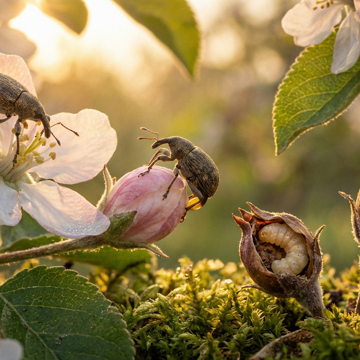 Riproduzione del fiore di melo: ciclo vitale e deposizione delle uova in dettaglio