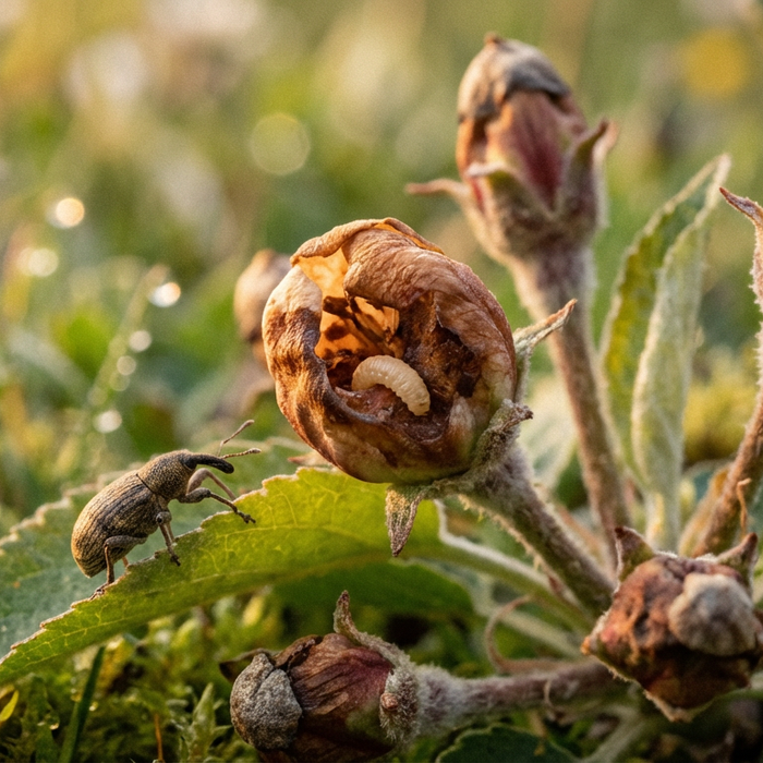 Larva tagliatrice di fiori di melo: riconoscimento, sviluppo e danneggiamento