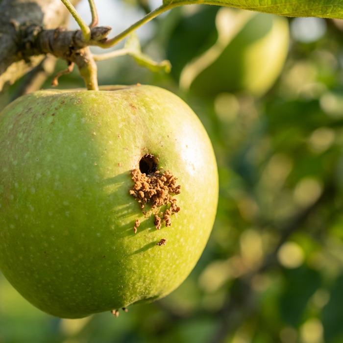 Apfel am Baum mit typischen Fraßspuren und braunem Kot des Apfelwicklers