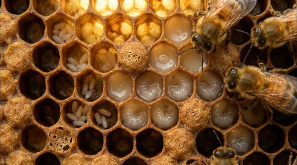 Fasi di sviluppo dell'ape nel favo con uova, larve e api adulte