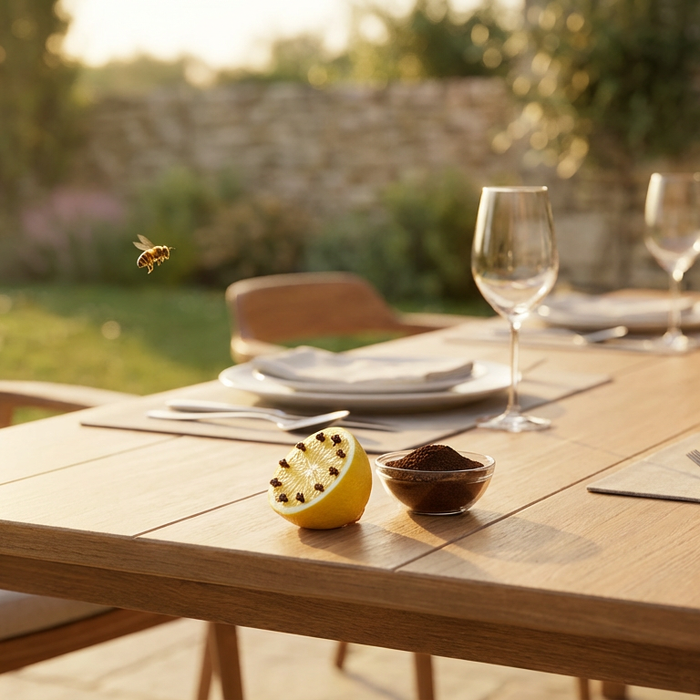 Gemütlicher Gartentisch im Sommer mit natürlichen Hausmitteln gegen Bienen wie Zitrone und Nelken