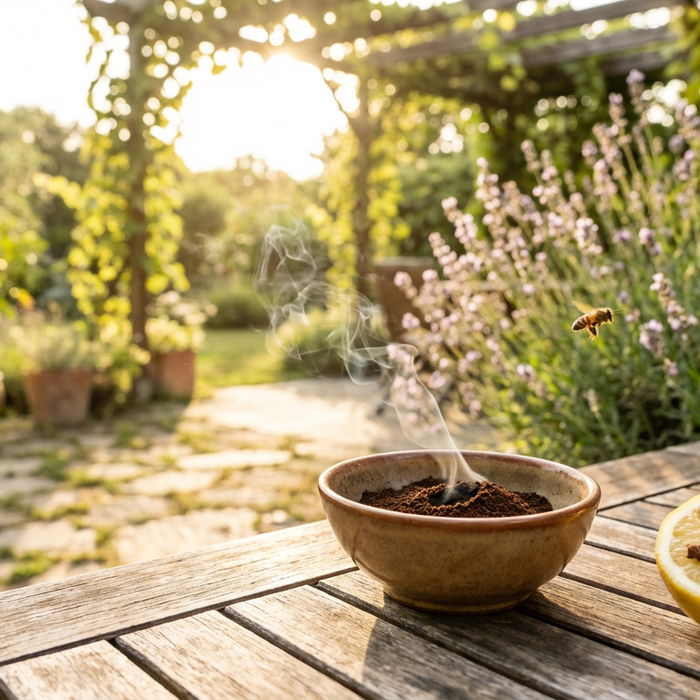 Bienen sanft vertreiben mit natürlichen Hausmitteln wie Zitrone und Kaffee auf einem Gartentisch