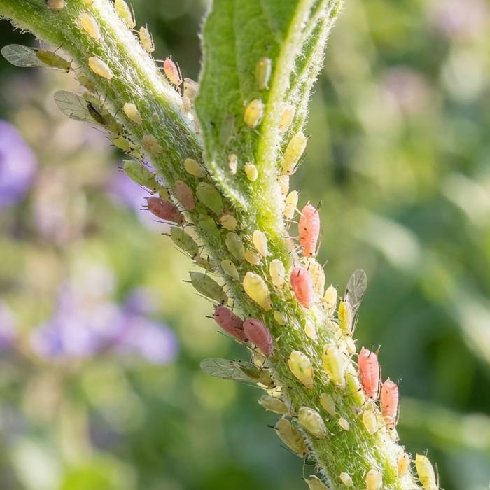 Verschiedene Blattlausarten in einer Kolonie an einem Pflanzenstängel im Garten