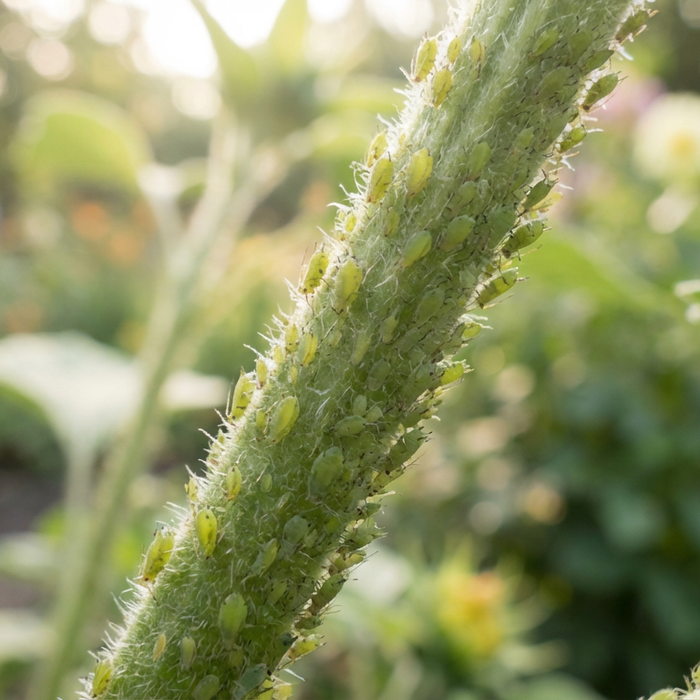 Grave infestazione da afidi su un giovane stelo di pianta verde nel giardino