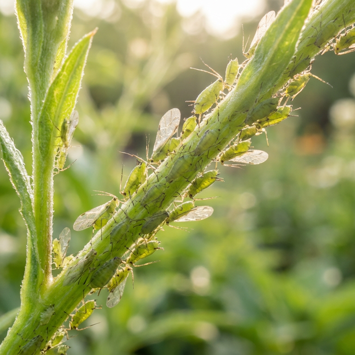 Primo piano di afidi verdi su una pianta fresca sparata nel giardino