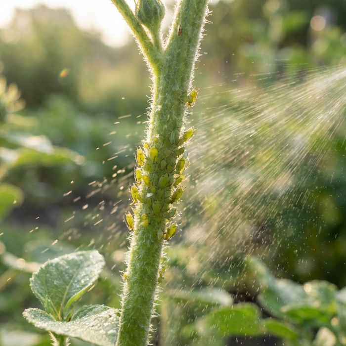 Gli afidi su una pianta vengono spruzzati con una miscela di detersivo per piatti e acqua