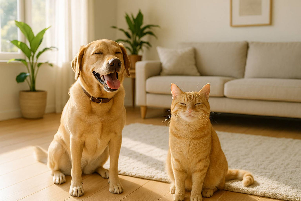 Glücklicher Hund und zufriedene Katze in sauberem Wohnzimmer – Symbol für erfolgreiche Flohbekämpfung bei Haustieren und in der Wohnung