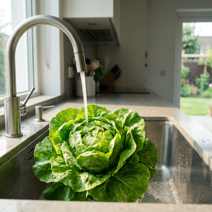 La lattuga verde fresca viene lavata sotto l'acqua corrente in una cucina moderna