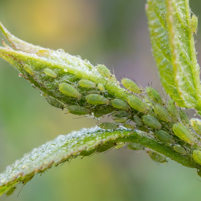 Gli afidi verdi siedono fitti su un germoglio di pianta fresca nel giardino