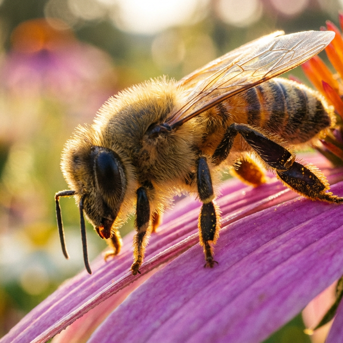 Eine Honigbiene sitzt an einem sonnigen Tag auf einer blühenden Sommerblume