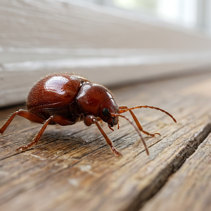 Ein rötlich-brauner Kugelkäfer krabbelt auf einem Holzboden an einer weißen Fußleiste