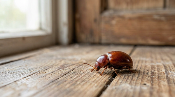 Primo piano di uno scarabeo a sfera lucido su un pavimento di legno rustico