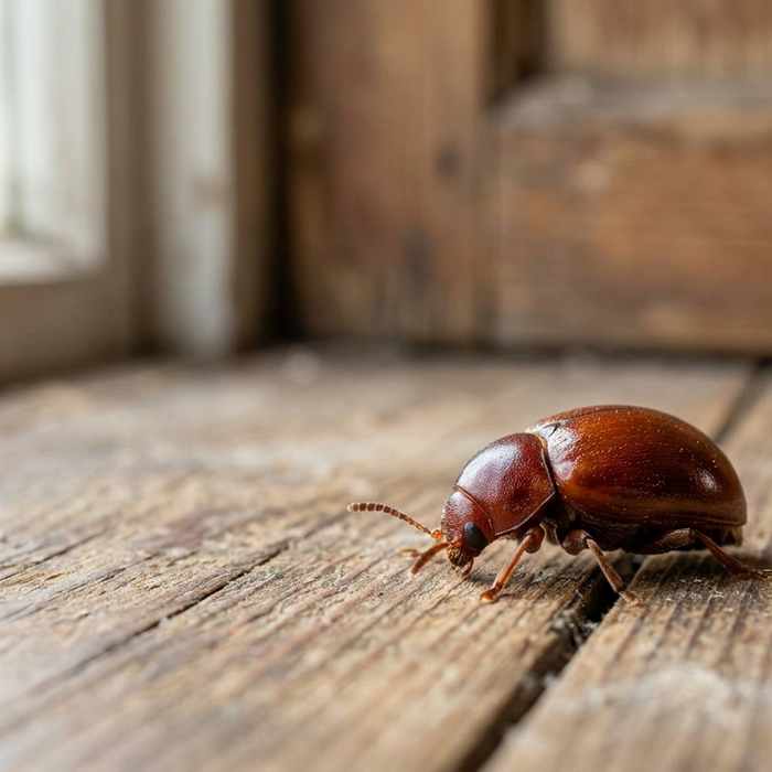 Nahaufnahme eines glänzenden Kugelkäfers auf einem rustikalen Holzboden