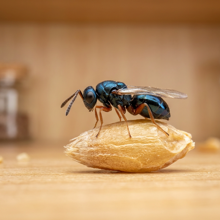 Primo piano di una vespa di locusta su un chicco di grano per il controllo biologico dei parassiti