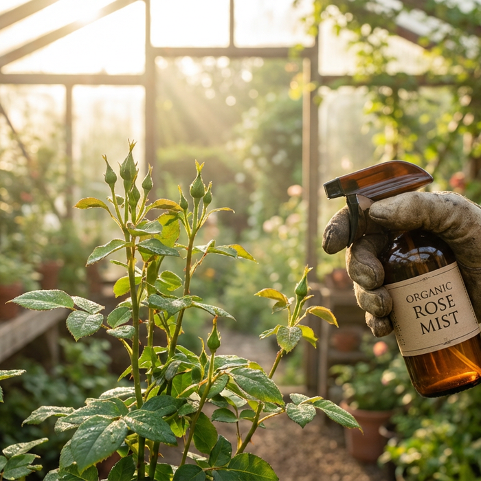 Olio di Neem in un flacone spray marrone come rimedio naturale e biologico contro gli afidi in giardino