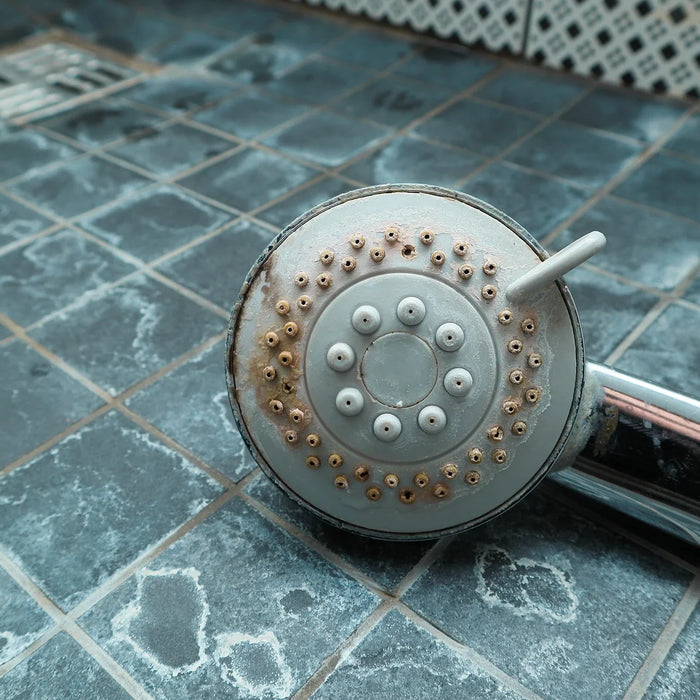 Silberduschkopf mit Kacheln, die gereinigt und auf Kacheln geformt werden sollen. Ruhige Dusche durch hartes Wasser. 