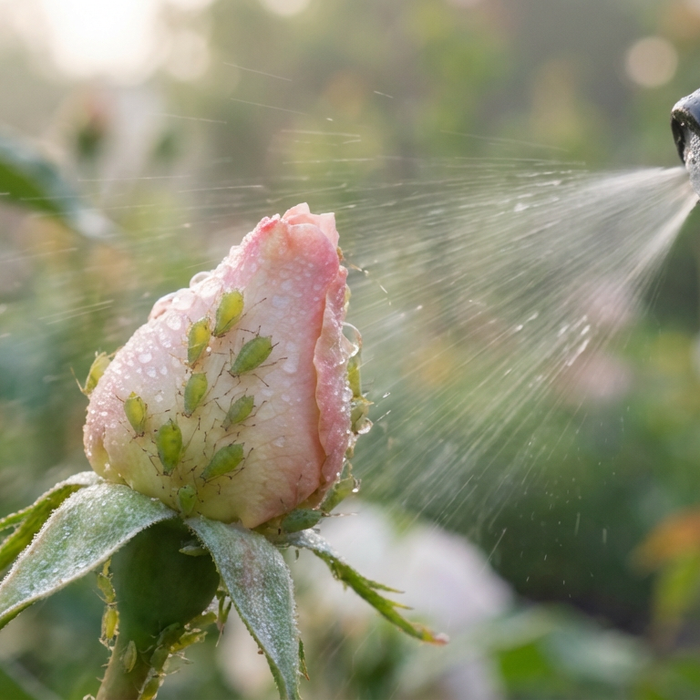 Primo piano degli afidi su un bocciolo di rosa durante il trattamento con un flacone spray.