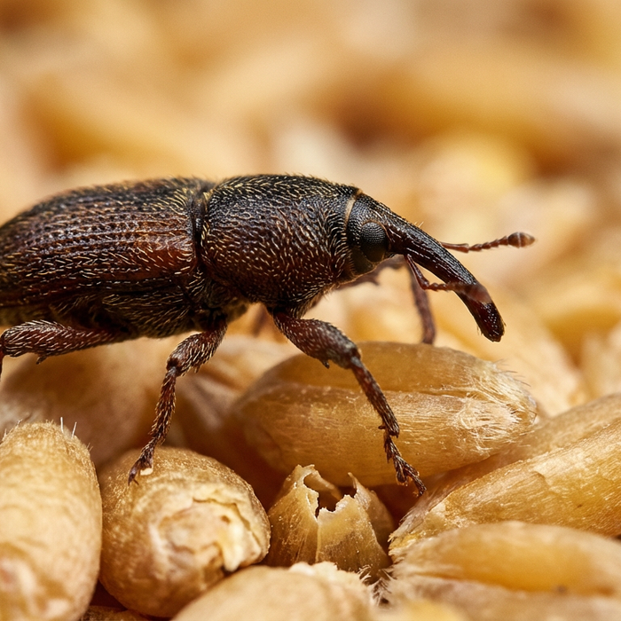 Scarabeo di grano sui chicchi di grano nel magazzino del grano