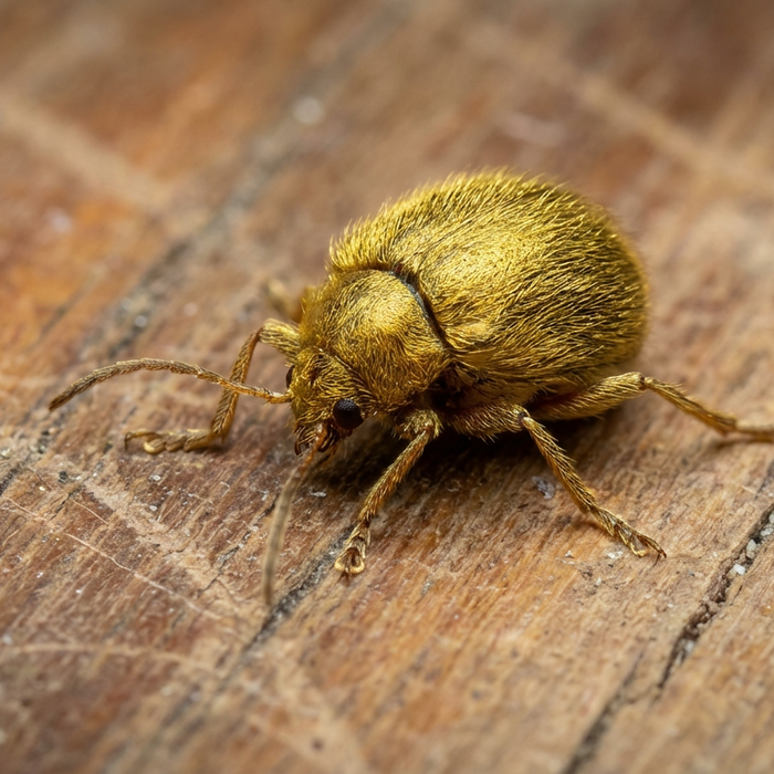 Primo piano di uno scarabeo di ottone su un vecchio pavimento di legno