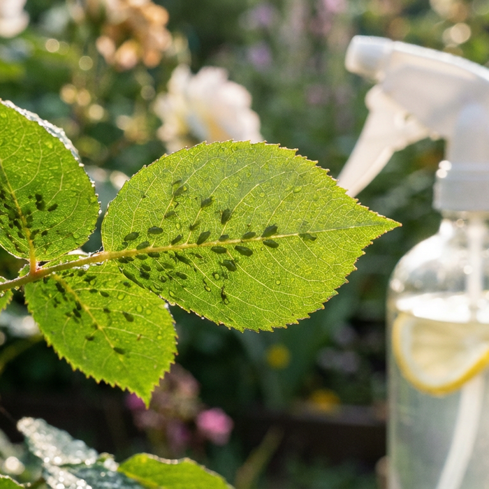 Afidi su una foglia di rosa: combatti con rimedi casalinghi naturali come l'aceto
