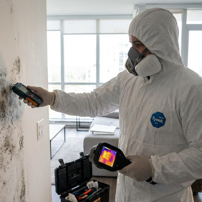 Schimmel Daten messen: Ein Experte prüft die Wandfeuchte mit einem Messgerät.