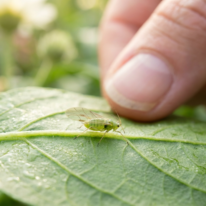 Primo piano di un afide verde su una foglia con un dito umano sullo sfondo per illustrare l'innocuità