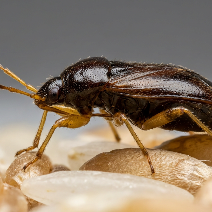 Primo piano di un pirata del campo (Xylocoris flavipes) sui chicchi di cereali - un insetto utile contro i parassiti.