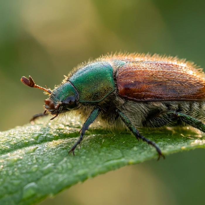 Nahaufnahme eines Gartenlaubkäfers auf einem grünen Blatt