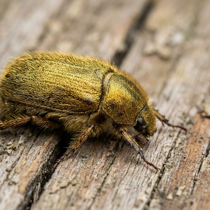 Primo piano di uno scarabeo di ottone su un vecchio pavimento di legno