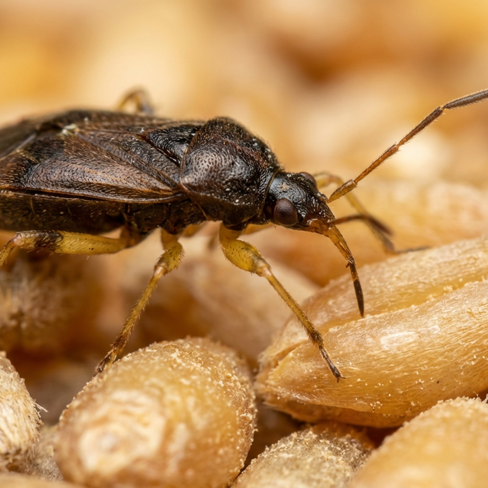 Accampare il pirata Xylocoris flavipes sui chicchi di cereali