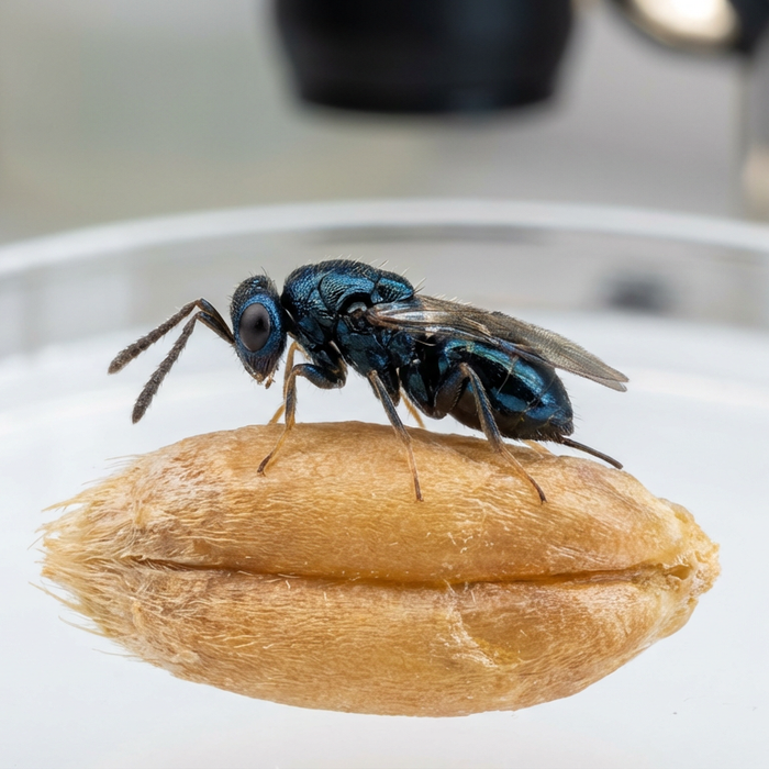 Primo piano di una vespa di locusta su un chicco di grano