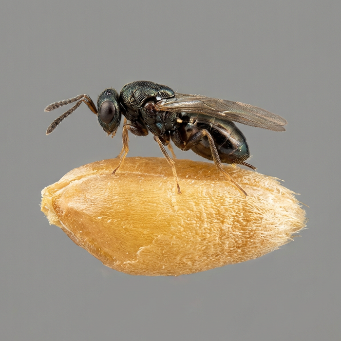 Primo piano di una vespa di locusta su un chicco di grano per il controllo biologico dei parassiti