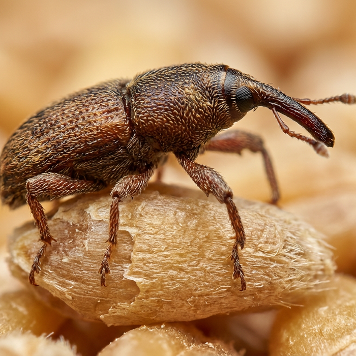 Primo piano di uno scarabeo del grano su un chicco di grano per illustrare l'infestazione del grano.