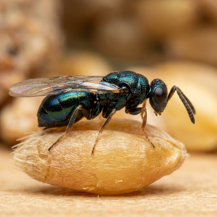 Ripresa macro di una vespa locusta su un chicco di grano