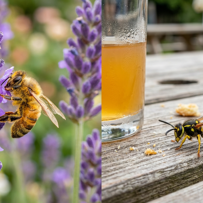 Vergleich zwischen einer pelzigen Honigbiene auf einer Blüte und einer glatten Wespe am Gartentisch