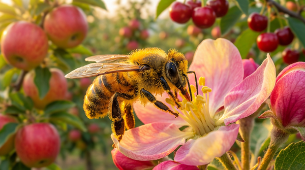 Un’ape impollina un fiore davanti a un frutteto, dimostrando l’importanza delle api per il nostro approvvigionamento alimentare.