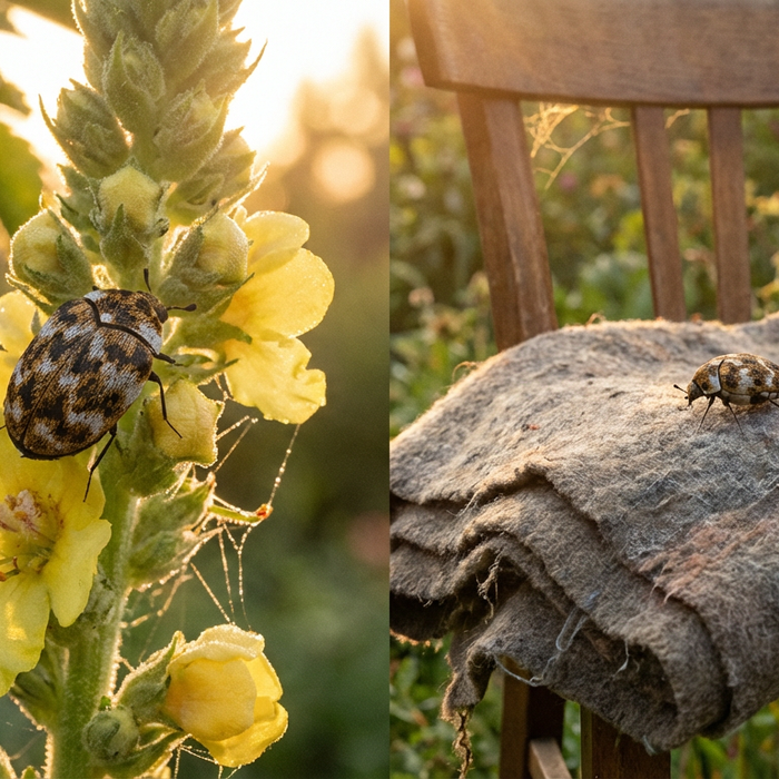Scarabeo lanoso dei fiori delle erbacce Scarabeo dei tappeti Differenza: la determinazione esatta