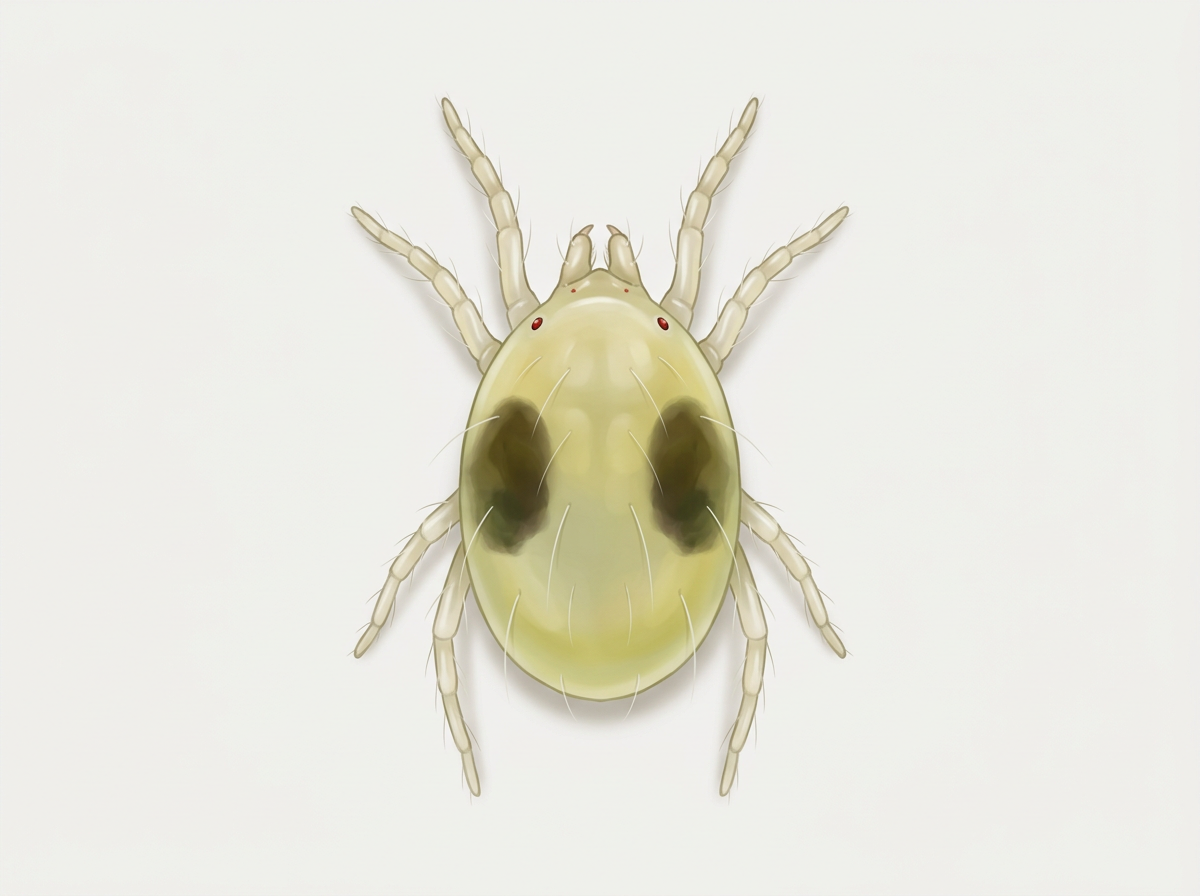 Gemeine Spinnmilbe (Tetranychus urticae), gelbgrün mit zwei dunklen Flecken