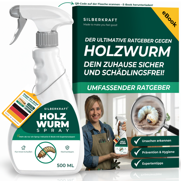 Silberkraft spray antitarlo 1000 ml insieme alla guida eBook 'La guida definitiva contro i tarli' con un esperto.