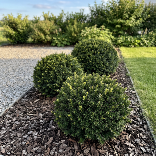 Eiben-Kugeln (Taxus baccata) als dunkelgrüne, exakt geschnittene Formgehölze im Gartenbeet – KI-generierte Beispielabbildung