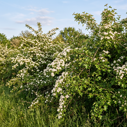 Biancospino comune come siepe naturale e spinosa in piena fioritura bianca a maggio – immagine esemplificativa generata dall'IA