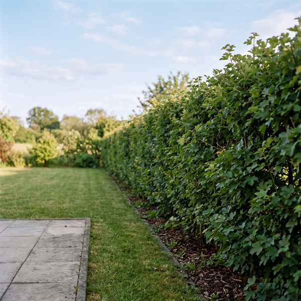 Feldahorn als dichte, etwa 1,8 m hohe heimische Laubhecke im Sommer im Garten – KI-generierte Beispielabbildung