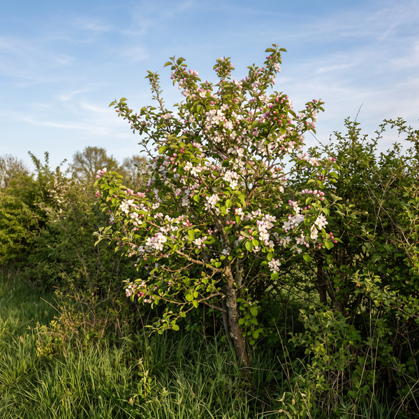 Holzapfel in weiß-rosa Blüte als kleiner Baum in einer naturnahen Feldhecke im Frühling – KI-generierte Beispielabbildung