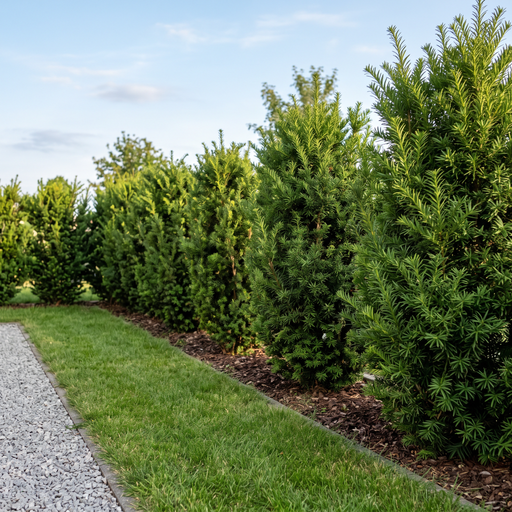 Japanische Kopfeibe (Cephalotaxus harringtonia) als dichte, dunkelgrüne Nadelhecke von etwa 1,4 m Höhe im Garten – KI-generierte Beispielabbildung