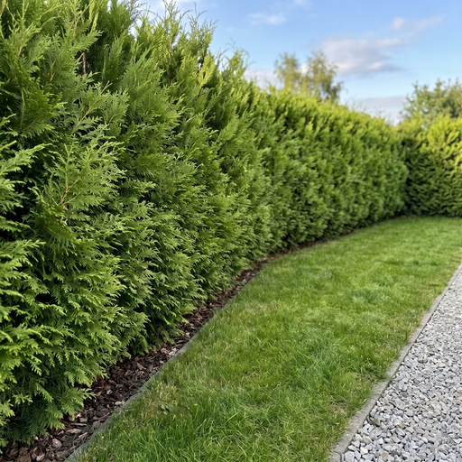 Leylandzypresse '2001' als dichte, frischgrüne Sichtschutzhecke von etwa 1,8 m Höhe im Garten – KI-generierte Beispielabbildung