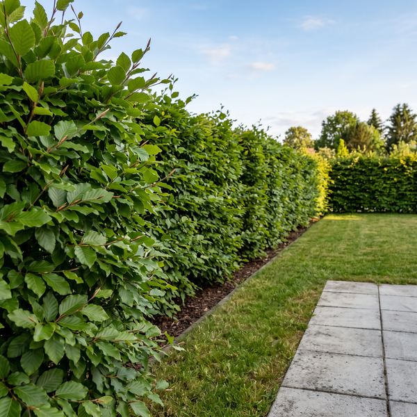 Rotbuche als frischgrüne, etwa 1,8 m hohe Buchenhecke im Sommer im Garten – KI-generierte Beispielabbildung