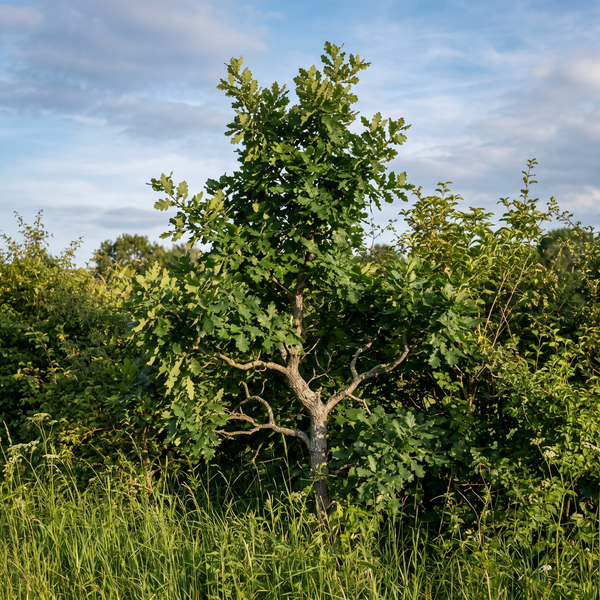 Stieleiche als junger Baum in einer naturnahen Feldhecke im Sommer – KI-generierte Beispielabbildung