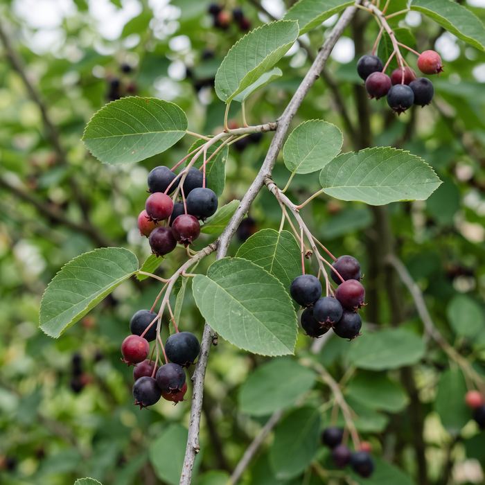 Primo piano di Amelanchier lamarckii: foglie e bacche mature scure all'inizio dell'estate – immagine esemplificativa generata dall'IA